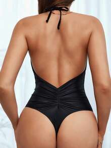 SHEIN Swim Women's Solid Color Backless Strap Hollow Out Ruched Sexy One Piece Swimsuit With Halter Neck,Summer Beach - Black - View 3