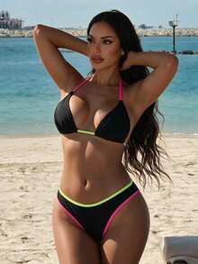 SHEIN Swim Summer Beach Contrast Binding Tie Back Halter Bikini - Black - View 1