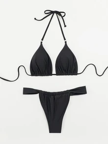 Swim SXY Summer Beach Solid Triangle Thong Bikini - Black - View 3