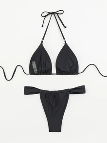 Swim SXY Summer Beach Solid Triangle Thong Bikini - Black - View 4