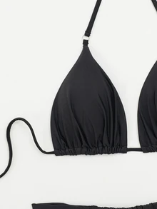 Swim SXY Summer Beach Solid Triangle Thong Bikini - Black - View 5