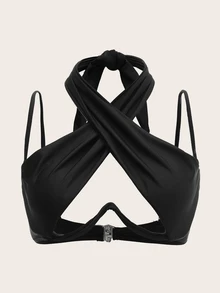 SHEIN Swim Bikini Tops Criss Cross Plain Seksi - Hitam - View 7