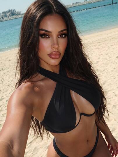 SHEIN Swim Bikini Tops Criss Cross Plain Seksi