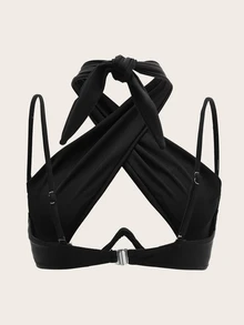 SHEIN Swim Bikini Tops Criss Cross Plain Seksi - Hitam - View 8