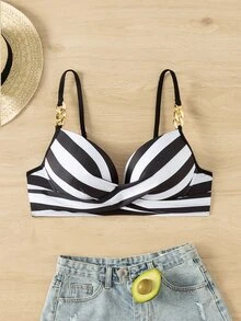 SHEIN Swim Summer Beach Striped Chain Decoration Bikini Top - Multicolor - View 6