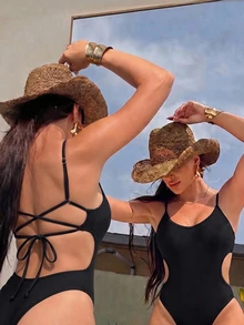 SHEIN Swim Women's Solid Color Backless Drawstring Sexy One-Piece Swimsuit, Summer - Black - View 2