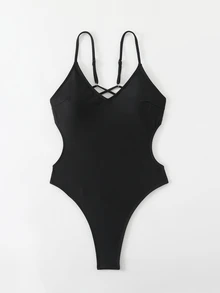 SHEIN Swim Women's Solid Color Backless Drawstring Sexy One-Piece Swimsuit, Summer - Black - View 4