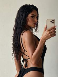 SHEIN Swim Women's Solid Color Backless Drawstring Sexy One-Piece Swimsuit, Summer - Black - View 1
