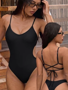 SHEIN Swim Women's Solid Color Backless Drawstring Sexy One-Piece Swimsuit, Summer - Black - View 3