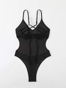 SHEIN Swim Women's Solid Color Backless Drawstring Sexy One-Piece Swimsuit, Summer - Black - View 5