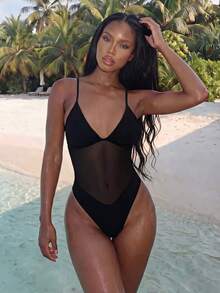 SHEIN Swim 1pc Women's Sexy Mesh Patchwork Adjustable Strap One-Piece Swimsuit, Slim Fit, Spring/Summer - Black - View 6