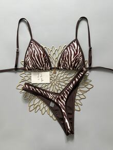 SHEIN Swim 2pcs/Set Random Floral Print Gold Disc Decor Halter Triangle Bra And High Cut Thong Sexy Bikini Swimwear Set, Spring/Summer - Multicolor - View 2