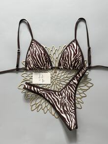 SHEIN Swim 2pcs/Set Random Floral Print Gold Disc Decor Halter Triangle Bra And High Cut Thong Sexy Bikini Swimwear Set, Spring/Summer - Multicolor - View 6