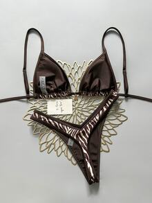 SHEIN Swim 2pcs/Set Random Floral Print Gold Disc Decor Halter Triangle Bra And High Cut Thong Sexy Bikini Swimwear Set, Spring/Summer - Multicolor - View 4
