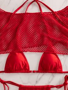 SHEIN Swim 女士红色网眼性感比基尼套装 4 件套，纯酒红色，沙滩泳装 - 酒紅色 - 查看 4