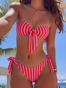 Swim SXY 女款夏季海灘性感熱帶豹紋花卉拼接後綁帶平胸比基尼上衣側綁帶比基尼褲 2 件式泳衣套裝 紅色 - 粉色 - 查看 8