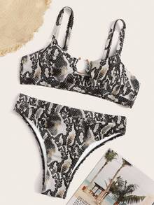 SHEIN Swim 2 piezas/Set Bikini de cintura alta y escote bajo con estampado de piel de serpiente - Multicolor - Ver 7