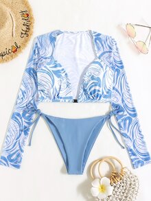SHEIN Swim Summer Beach Marbled Print Bikini Set Long Sleeve Cup Detail Top & Tie Side Bottom 2 Pieces Bikini - Blue and White - View 4