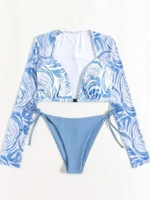 SHEIN Swim Summer Beach Marbled Print Bikini Set Long Sleeve Cup Detail Top & Tie Side Bottom 2 Pieces Bikini - Blue and White - View 7