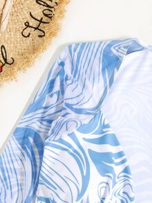 SHEIN Swim Summer Beach Marbled Print Bikini Set Long Sleeve Cup Detail Top & Tie Side Bottom 2 Pieces Bikini - Blue and White - View 6