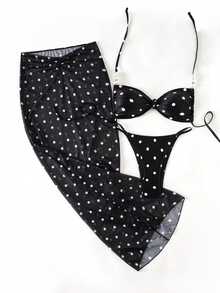 SHEIN Swim 性感泳装三件套，春夏假日随机印花咖啡色不对称珍珠装饰抹胸比基尼上衣、下装和褶皱前裙，性感女士泳装套装，女士度假套装，女士泳衣，波点女士泳装两件套，女士泳装冬季女士夏季套装，波点 - 黑與白 - 查看 7