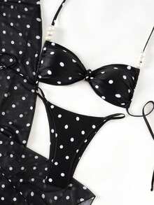 SHEIN Swim 性感泳装三件套，春夏假日随机印花咖啡色不对称珍珠装饰抹胸比基尼上衣、下装和褶皱前裙，性感女士泳装套装，女士度假套装，女士泳衣，波点女士泳装两件套，女士泳装冬季女士夏季套装，波点 - 黑與白 - 查看 4