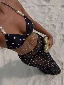 SHEIN Swim 性感泳装三件套，春夏假日随机印花咖啡色不对称珍珠装饰抹胸比基尼上衣、下装和褶皱前裙，性感女士泳装套装，女士度假套装，女士泳衣，波点女士泳装两件套，女士泳装冬季女士夏季套装，波点 - 黑與白 - 查看 3