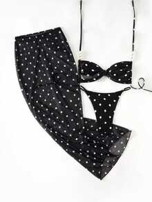 SHEIN Swim 性感泳装三件套，春夏假日随机印花咖啡色不对称珍珠装饰抹胸比基尼上衣、下装和褶皱前裙，性感女士泳装套装，女士度假套装，女士泳衣，波点女士泳装两件套，女士泳装冬季女士夏季套装，波点 - 黑與白 - 查看 2