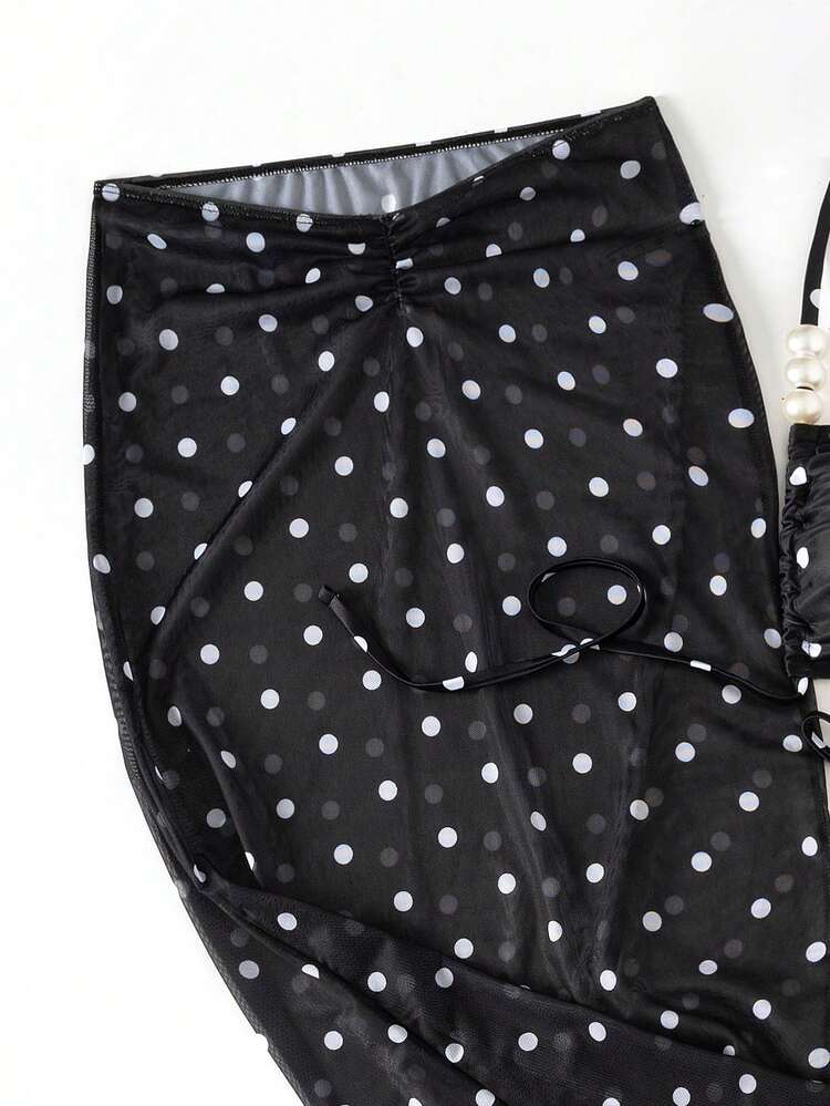 SHEIN Swim 3pcs/Set White With Black Polka Dots,Summer,Elegant,Beach Party,Holiday,Holiday Pearl Decor Bandeau Bikini Top,Bottoms&Ruched Skirt Women Swimwear Set - Black and White - View 5