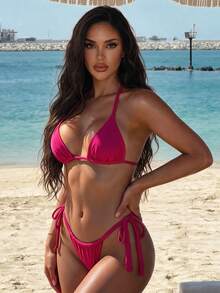 SHEIN Swim Women's Summer Beach Solid Color Halter Tie Sexy Bikini And Triangle Bottom Two-Piece Swimwear Set - Red Violet - View 2