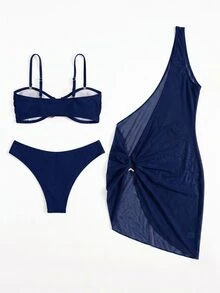 Swim SXY 3件套女士泳装比基尼套装，新款夏季黑色复古风无袖不对称网纱泳裙，奢华金属装饰性感沙滩罩衫 - 藏蓝色 - 查看 7