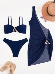 Swim SXY 3件套女士泳装比基尼套装，新款夏季黑色复古风无袖不对称网纱泳裙，奢华金属装饰性感沙滩罩衫 - 藏蓝色 - 查看 8