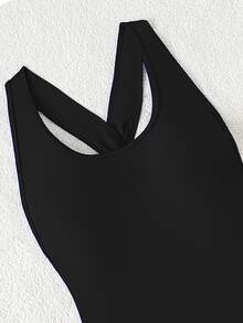 SHEIN Swim Women Beachwear Summer Outfits Sleeveless Backless Solid Color Twist Ruched Fitted One Piece Swimsuit - Black - View 4