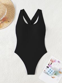SHEIN Swim Women Beachwear Summer Outfits Sleeveless Backless Solid Color Twist Ruched Fitted One Piece Swimsuit - Black - View 2