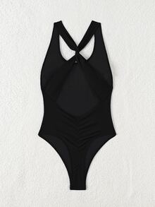 SHEIN Swim Women Beachwear Summer Outfits Sleeveless Backless Solid Color Twist Ruched Fitted One Piece Swimsuit - Black - View 3
