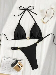 SHEIN Swim 女士夏季沙滩音乐节性感棕色亮面金属配饰度假风比基尼套装 - 黑色 - 查看 1