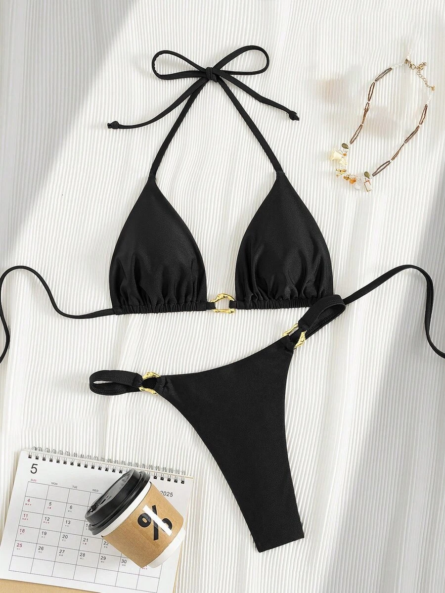 SHEIN Swim 女士夏季沙滩音乐节性感棕色亮面金属配饰度假风比基尼套装 - 黑色 - 查看 1