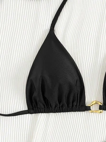 SHEIN Swim 女士夏季沙滩音乐节性感棕色亮面金属配饰度假风比基尼套装 - 黑色 - 查看 5