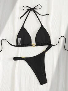 SHEIN Swim 女士夏季沙滩音乐节性感棕色亮面金属配饰度假风比基尼套装 - 黑色 - 查看 2