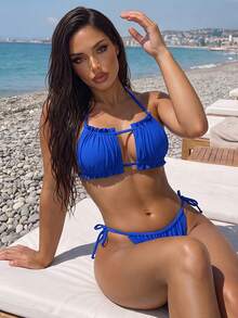 Swim SXY Solid Color Ruffled Hem Bikini Swimsuit, Sexy For Beach Vacation - Royal Blue - View 2