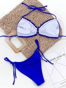 Swim SXY Solid Color Ruffled Hem Bikini Swimsuit, Sexy For Beach Vacation - Royal Blue - View 3
