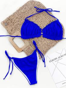 Swim SXY Solid Color Ruffled Hem Bikini Swimsuit, Sexy For Beach Vacation - Royal Blue - View 6