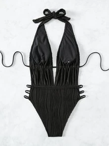 SHEIN Swim Summer Beach Ladies' Solid Color Open Back One-Piece Swimsuit - Black - View 7