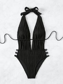 SHEIN Swim Summer Beach Ladies' Solid Color Open Back One-Piece Swimsuit - Black - View 8
