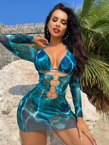 SHEIN Swim Summer Beach Tie Dye Print Halter Triangle Bikini Set With Cover Up - Multicolor - View 1
