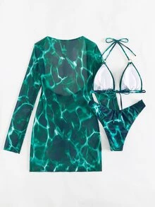 SHEIN Swim Summer Beach Tie Dye Print Halter Triangle Bikini Set With Cover Up - Multicolor - View 6