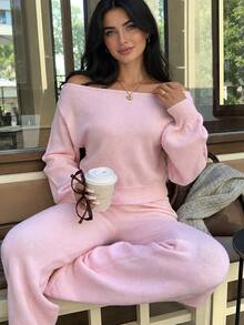 Autumina Women's Sweet Fashion Off-Shoulder Sweater And Long Pants 2 Pieces Set - Pink - View 1