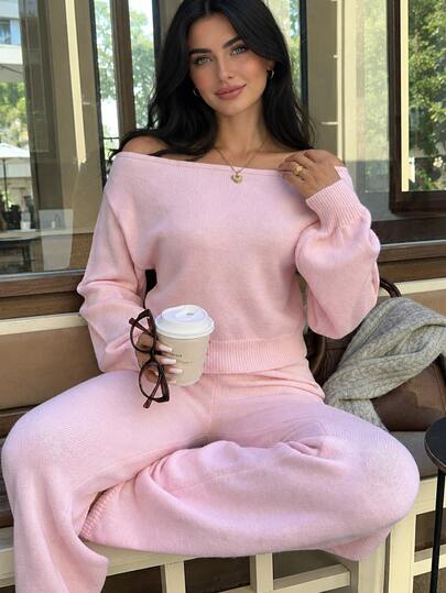 Autumina Women's Sweet Fashion Off-Shoulder Sweater And Long Pants 2 Pieces Set