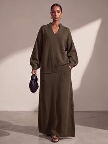 Zivah Women's Brown Knit Sweater Set, Loose Fit Stand Collar Long Sleeve Top And A-Line Skirt With Pockets - Coffee Brown - View 1