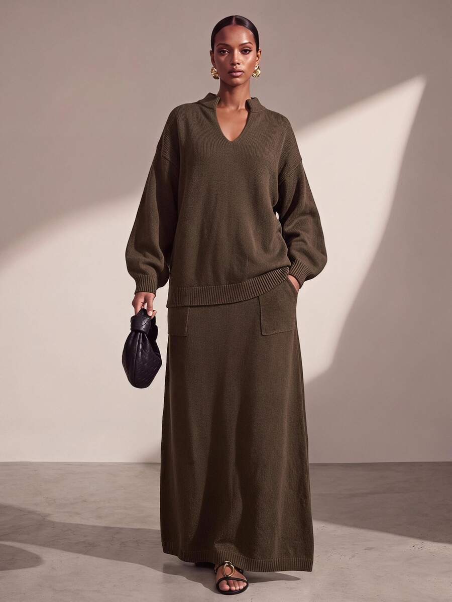 Zivah Women's Brown Knit Sweater Set, Loose Fit Stand Collar Long Sleeve Top And A-Line Skirt With Pockets - Coffee Brown - View 1